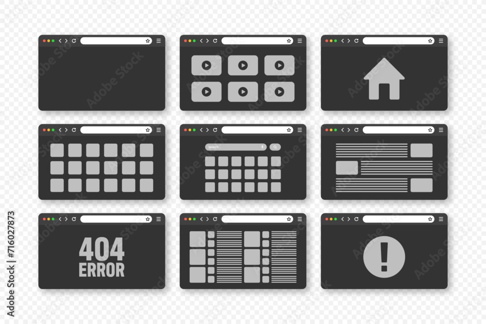 Poster web browser window, pages layout with toolbar and search field. modern website, internet page in fla