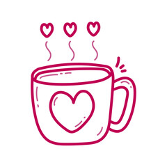 Hand drawn Cup of coffee with hearts. Vector illustration in doodle style.