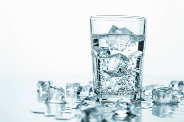 Water with Crushed Ice Cubes in Glass on White Background