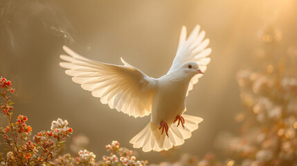 A beautiful white dove hovering in the sky