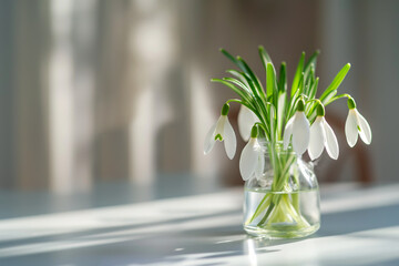 Horizontal snowdrops in a transparent glass vase on a table, with soft curtain light. Spring postcard with place for text. Floral symbol of spring time.
