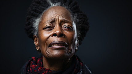African sad senior woman crying, black background