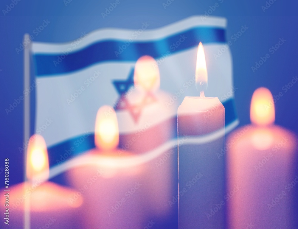 Wall mural burning candles lights for Hanukkah and Israel flag