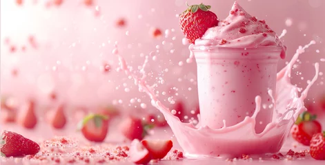 Gordijnen A captivating splash of strawberry milkshake with fresh strawberries around it on a dreamy pink background. © T-elle
