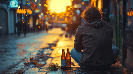 Depressed man drinking alcohol outdoors in the evening - obrazy, fototapety, plakaty