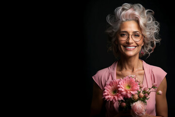 Smiling modern mature woman with pink bouquet of roses against black background and copyspace - 716028074