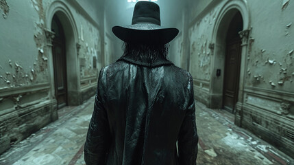 A detective in a black hat and coat in a mysterious place - obrazy, fototapety, plakaty