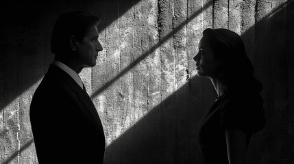 Man and woman facing each other, psychological concept, black and white picture