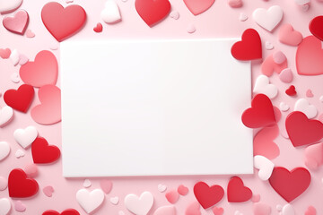 Blank greeting card and hearts for valentine's day. Mock up on pink background.