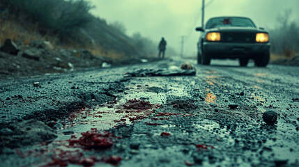 The scene of the murder, traces of blood on the ground - obrazy, fototapety, plakaty