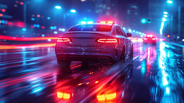 Police car in motion in the night city