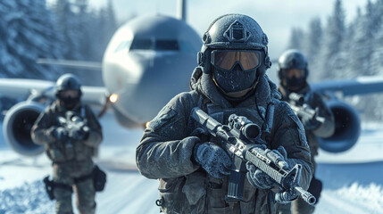 Obraz premium National Security Special Forces carrying out an armed attack, apprehending criminals, Airplane in the background