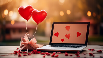 Happy Valentine's Day. Romantic Valentine's setup with heart balloons, gift box, and a laptop with heart screen on a wooden table