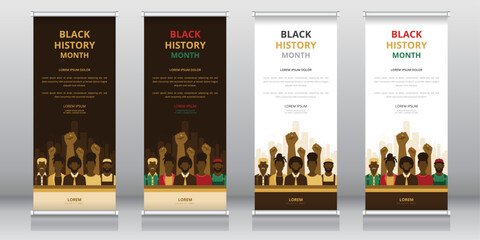 Roll up or retractable banner, standee, X-banner templates featuring African American people in front of background of power fists and cityscape. Ideal for Black History Month programs - obrazy, fototapety, plakaty