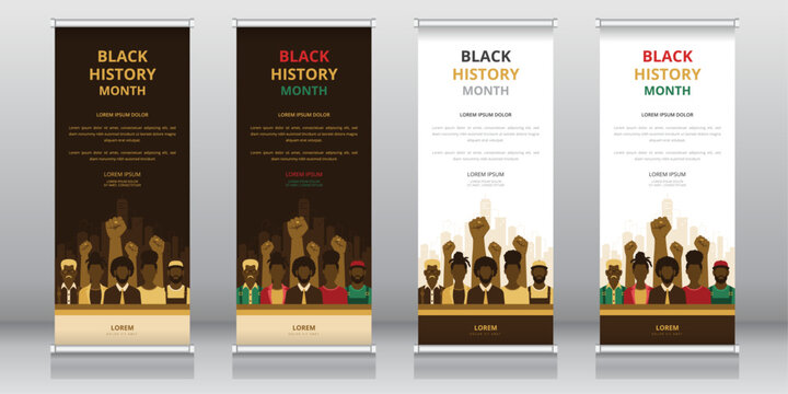 Roll up or retractable banner, standee, X-banner templates featuring African American people in front of background of power fists and cityscape. Ideal for Black History Month programs