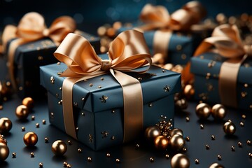 Gift boxes with bows on bokeh background.