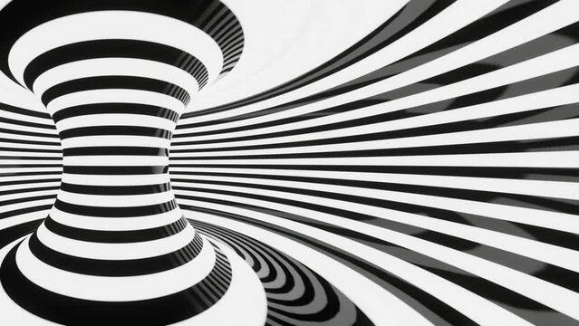 hypnotic psychedelic optical illusion, abstract geometric motion graphic background, animated black and white lines, 4k seamless vj loop