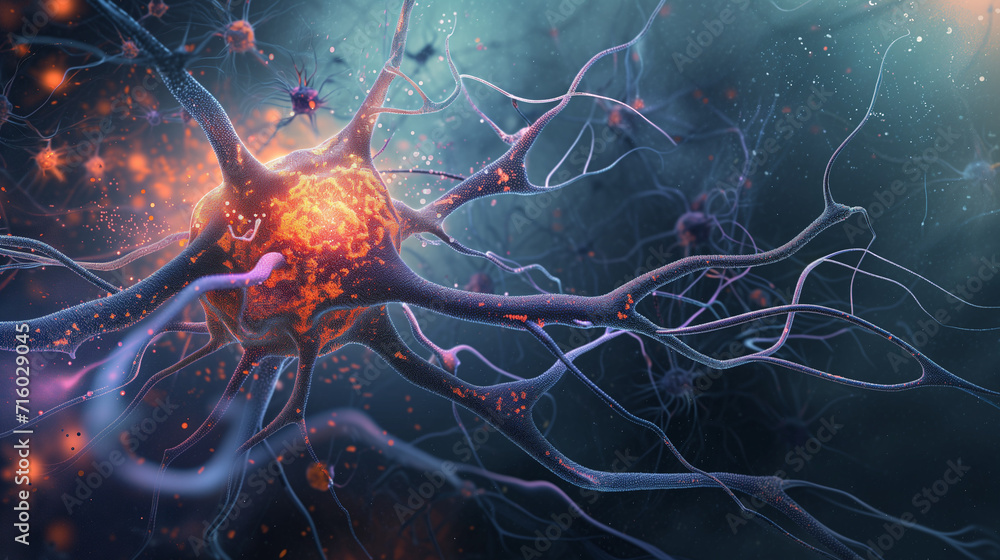 Poster an intricate illustration depicting the structure and function of a neuron in the human brain,