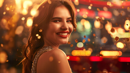 Obraz na płótnie Canvas Beautiful woman smiling, in elegant clothes, in a casino gambling hall in a golden glow, Luxury woman in golden style