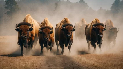 Foto auf Acrylglas Büffel Herd of Bisons grazing in a fog-covered field