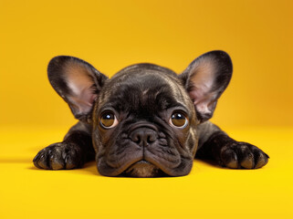 A cute French Bulldog puppy is lying down on a yellow background.  