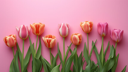Floral greeting card, background or banner. Elegant pink and orange tulips lined up against a soft pink background, perfect for spring and Mother's Day