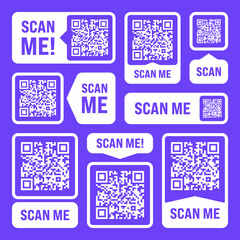 Scan me QR code sticker. Online payment. Special offer sale stickers, shopping discount label or promotional badge. Serial number, product ID. Supermarket retail label, price tag. Vector illustration
