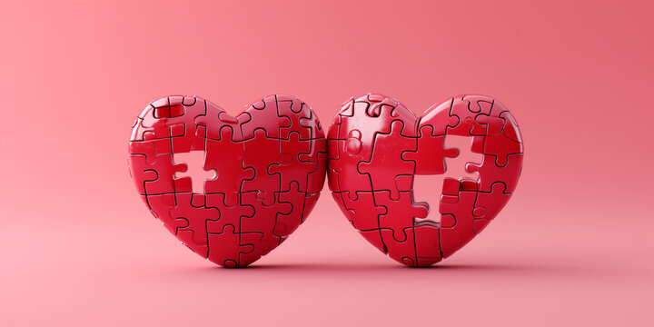 Conceptual image of two red heart puzzles, symbolizing the idea of mending or fixing a broken relationship for Valentine's Day.