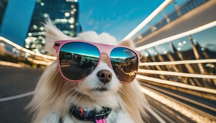 Funny looking small and stylish dog with big sunglasses in the late city going out for party. Funny looking party animal with accessories