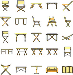Picnic folding furniture icons set. Outline set of picnic folding furniture vector icons thin line color flat on white