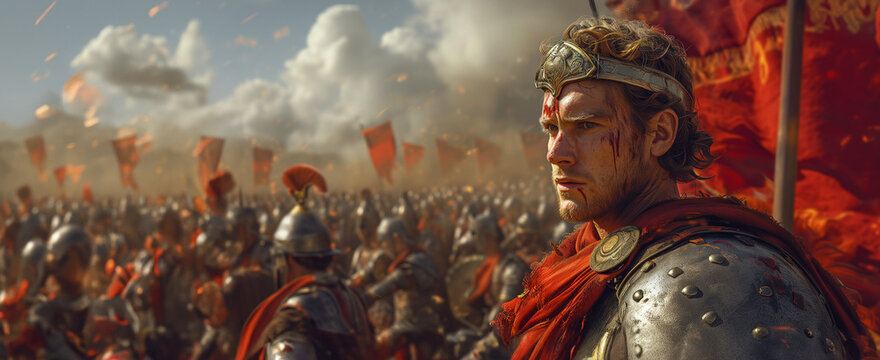 Alexander the Great in the midst of battle. His steely gaze radiates determination and fearlessness. Surrounded by an impressive phalanx of powerful soldiers.