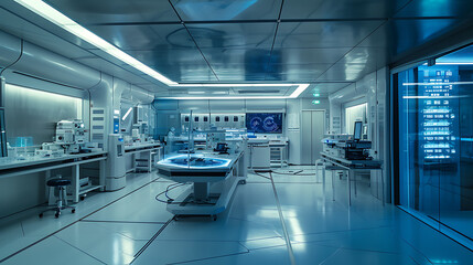 Naklejka na ściany i meble Um laboratório elegante e minimalista cheio de equipamentos de ponta banhados por uma suave luz azul futurista