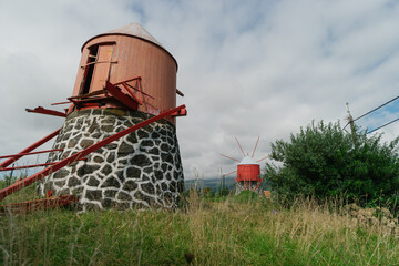 Traditional red and white windmill on Faial Island, Azores