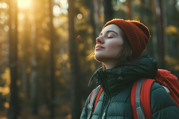Young woman with eyes closed breathing fresh air while camping in woods - obrazy, fototapety, plakaty