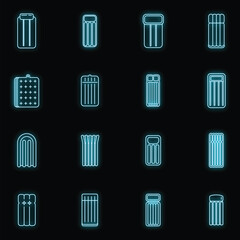 Relax inflatable mattress icons set. Outline set of relax inflatable mattress vector icons neon color on black