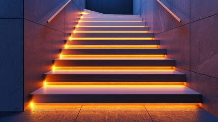 A contemporary home's wooden staircase with LED strips under each step, creating a safe, illuminated path in a stylish setting. 8k