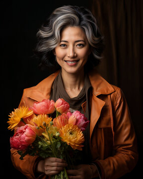 A stylish oriental woman smiles happily while holding a colorful bouquet of flowers.