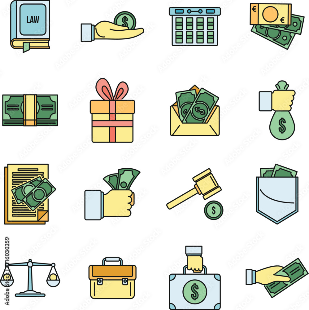 Poster corruption bribery icons set. outline set of corruption bribery vector icons thin line color flat on