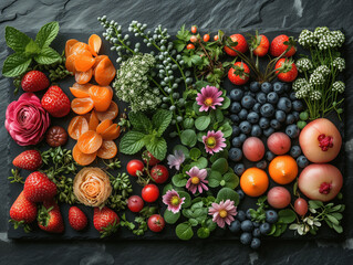 Naklejka na ściany i meble Vibrant Floral and Fruit Arrangement on Slate Background