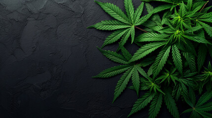 Green leaves of technical hemp lie on a black modern background. Green background of leaves. Close-up young hemp. Green cannabis leaves, marijuana leaves. Medicinal indica with CBD. - obrazy, fototapety, plakaty