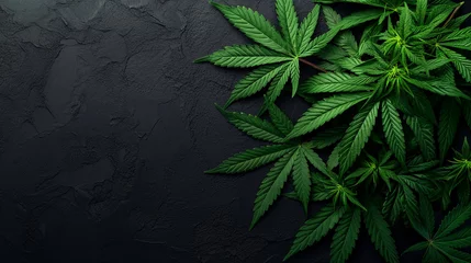 Fotobehang Green leaves of technical hemp lie on a black modern background. Green background of leaves. Close-up young hemp. Green cannabis leaves, marijuana leaves. Medicinal indica with CBD. © © Raymond Orton