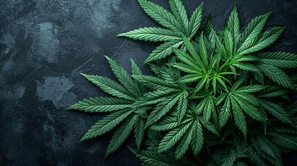 Green leaves of technical hemp lie on a black modern background. Green background of leaves. Close-up young hemp. Green cannabis leaves, marijuana leaves. Medicinal indica with CBD. - obrazy, fototapety, plakaty