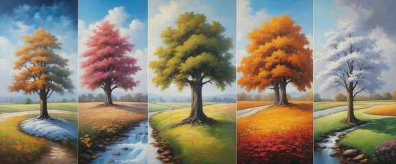 Seasonal transition of trees drawn with oil paint