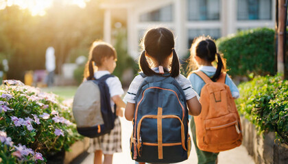 Symbolic image of young children walking towards education, backpacks on their backs, bathed in sunlight, representing the journey of early learning and the bright path ahead - obrazy, fototapety, plakaty