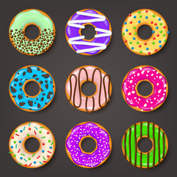 Donut, begel with cream. Cookies,cookie cake set. Sweet dessert with sugar and caramel. Tasty breakfast cooking. Cafateria food, snack. Coffee shop.Vector illustration.
