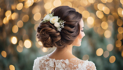 Bride's romantic elegance shines through as her beautifully styled updo, adorned with soft curls, frames the back of her head. Perfect for special occasions