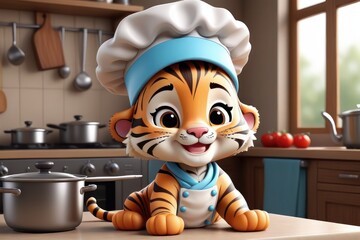 Charming cartoon chef tiger baby cooks up smiles in a lively, animated kitchen environment.