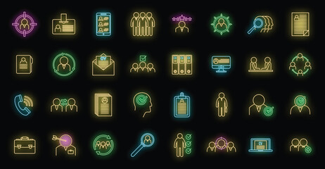 Headhunter staff icons set. Outline set of headhunter staff vector icons neon color on black
