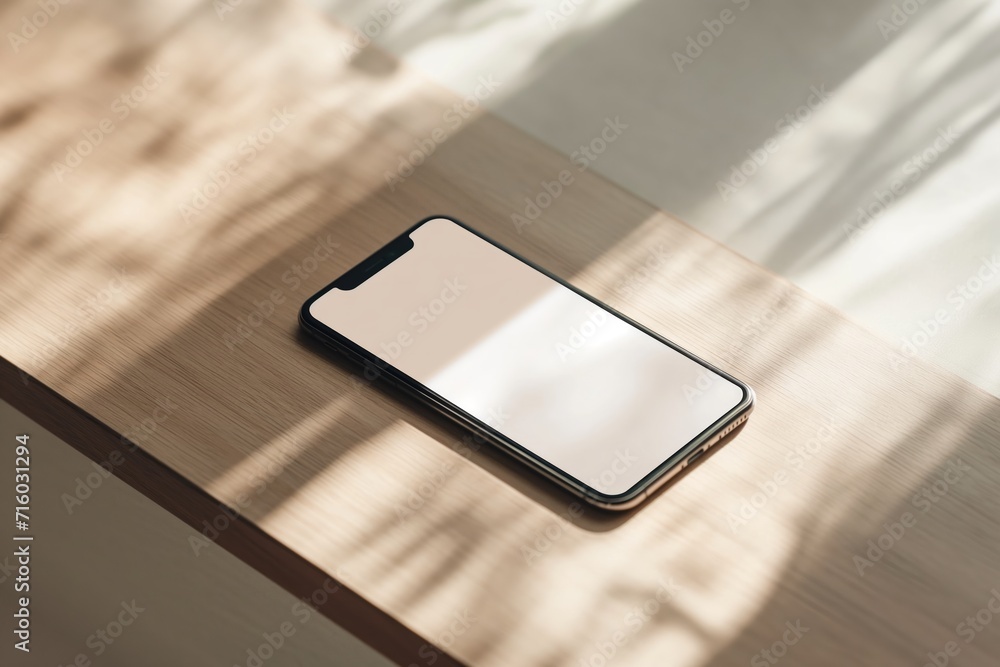Poster smartphone on a wooden table bathed in soft light with shadows from a window.