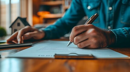 close up of a person signing a document, a person signing a document with a pen and a house model on the table in the background